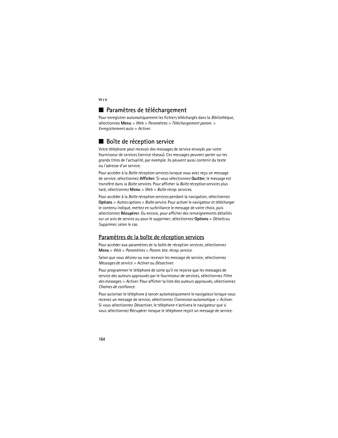 Nokia 6133 Paramètres de téléchargement, Boîte de réception service, Paramètres de la boîte de réception services, 164 