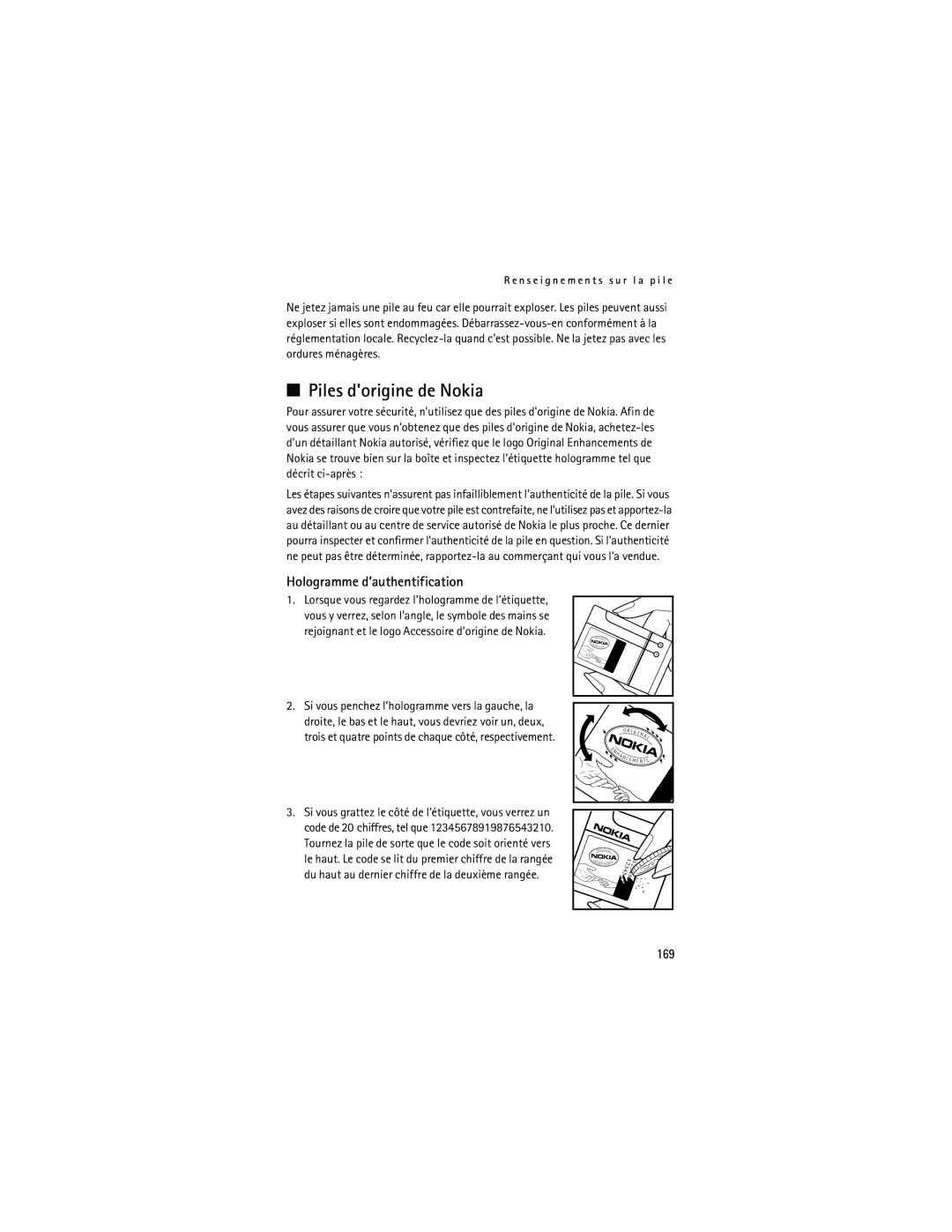 Nokia 6133 manual Piles dorigine de Nokia, Hologramme d’authentification, 169 