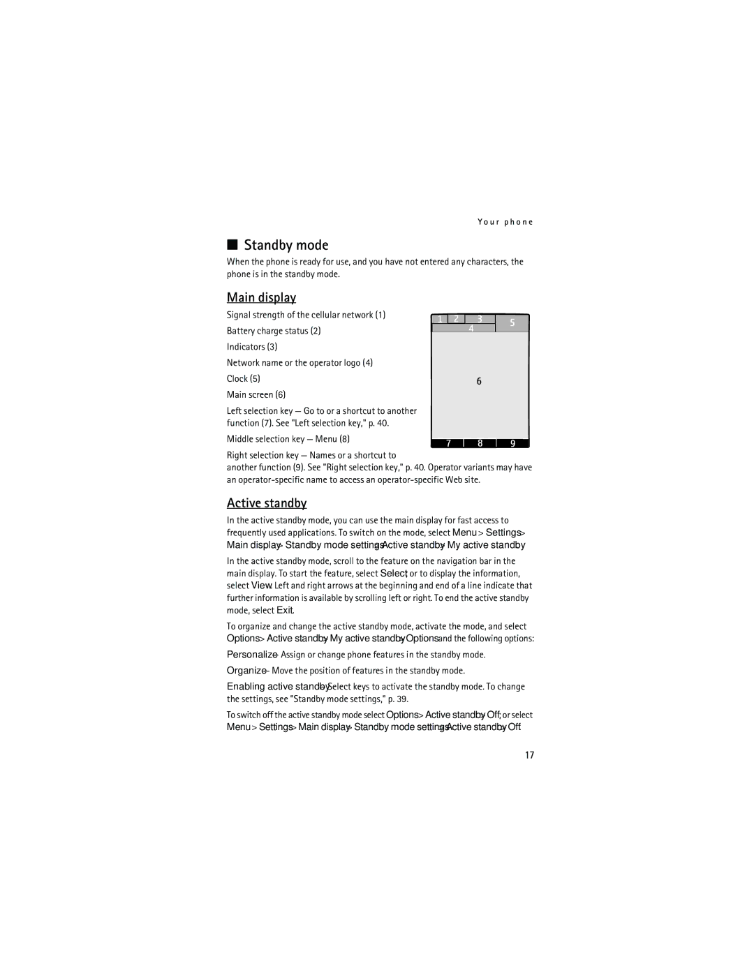 Nokia 6133 manual Standby mode, Main display, Active standby 