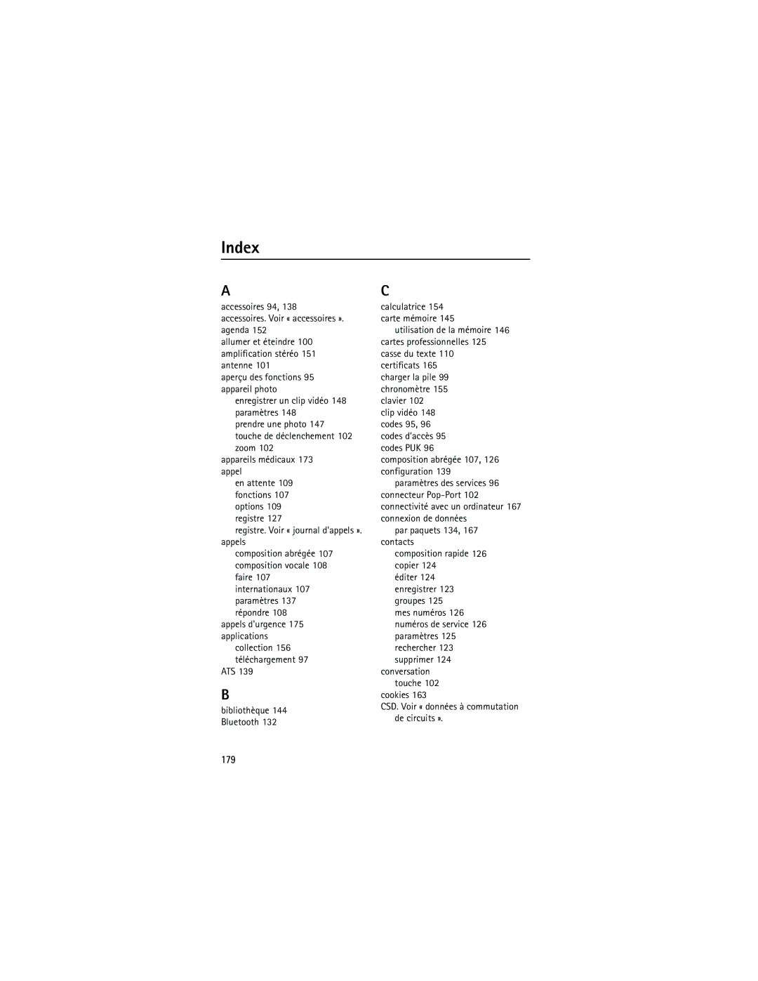 Nokia 6133 manual 179, Ats, Cookies CSD. Voir « données à commutation de circuits » 