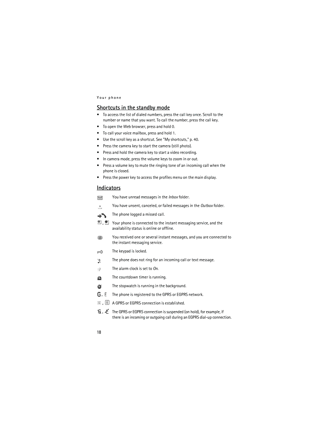 Nokia 6133 manual Shortcuts in the standby mode, Indicators 