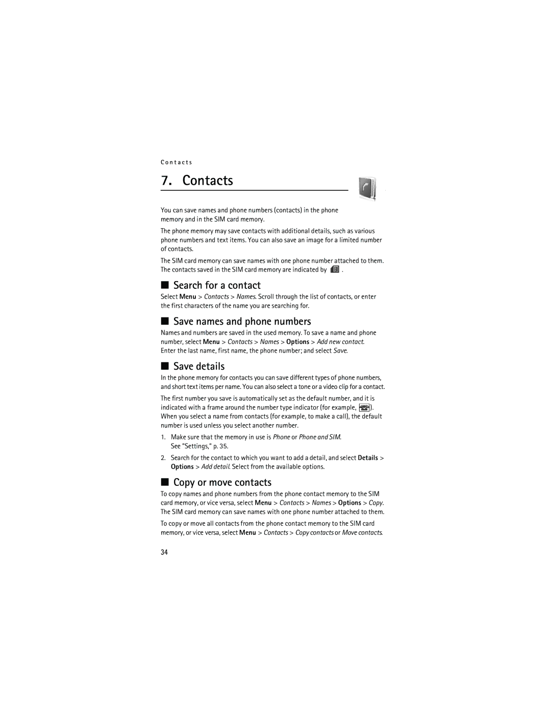 Nokia 6133 manual Contacts, Search for a contact, Save names and phone numbers, Save details, Copy or move contacts 