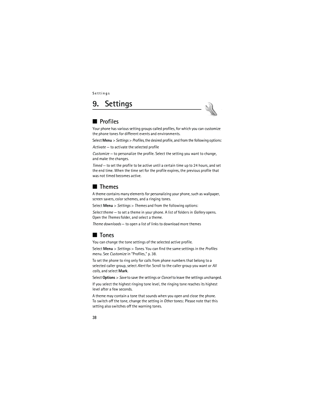 Nokia 6133 manual Settings, Profiles, Themes, Tones 