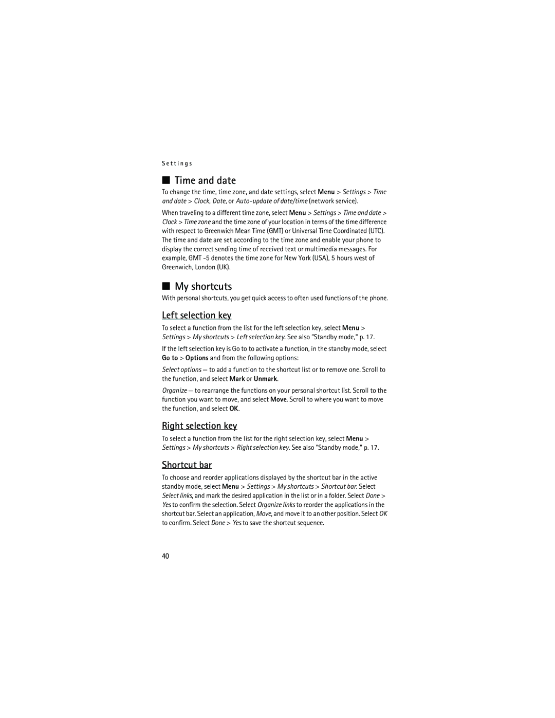 Nokia 6133 manual Time and date, My shortcuts, Left selection key, Right selection key, Shortcut bar 