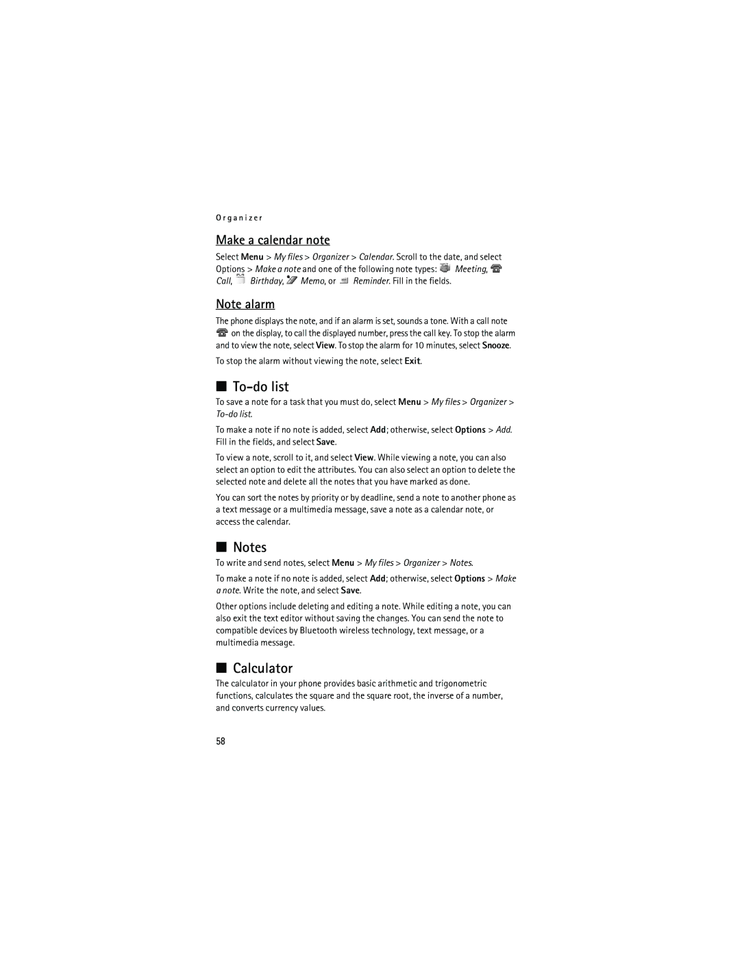Nokia 6133 manual To-do list, Calculator, Make a calendar note, To stop the alarm without viewing the note, select Exit 