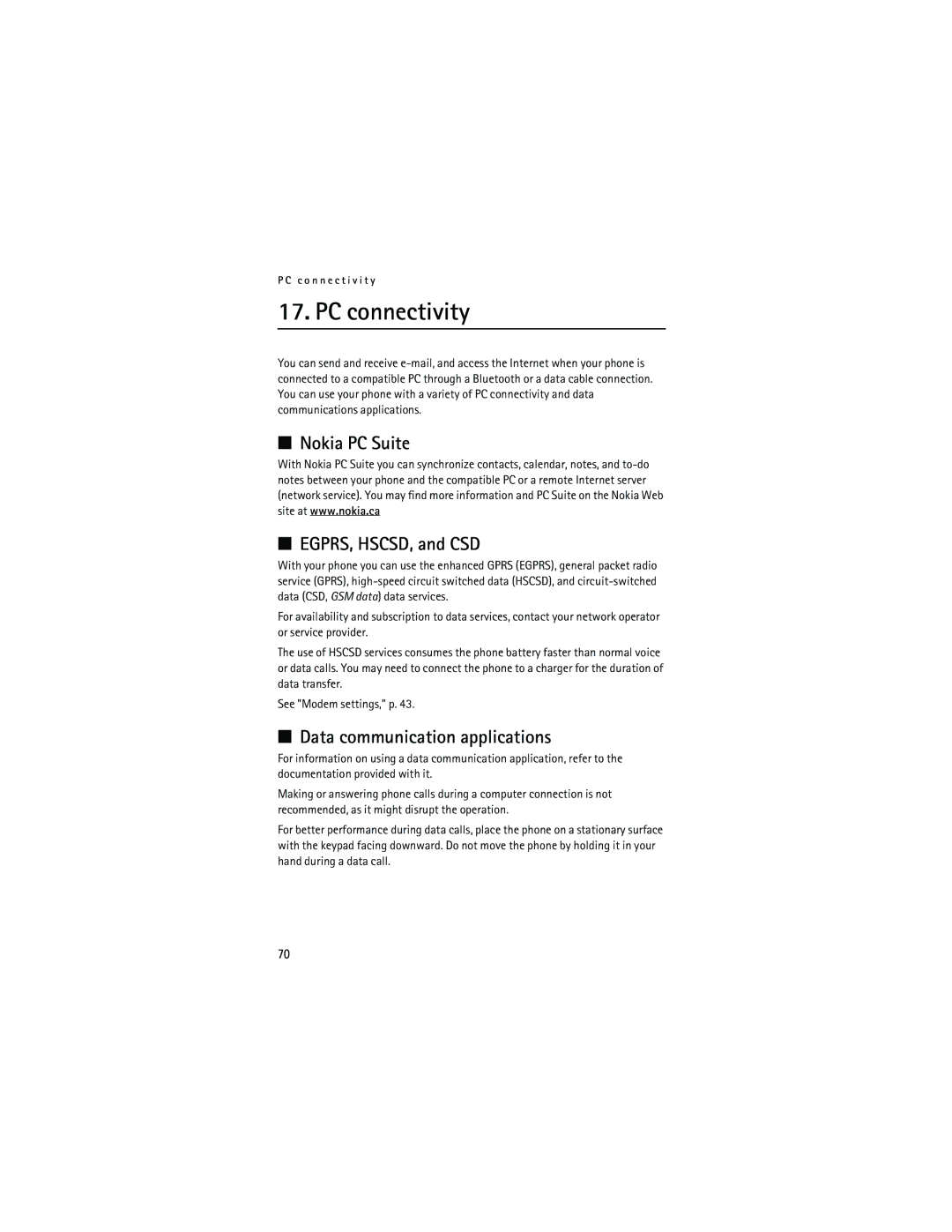 Nokia 6133 manual PC connectivity, Nokia PC Suite EGPRS, HSCSD, and CSD, Data communication applications 