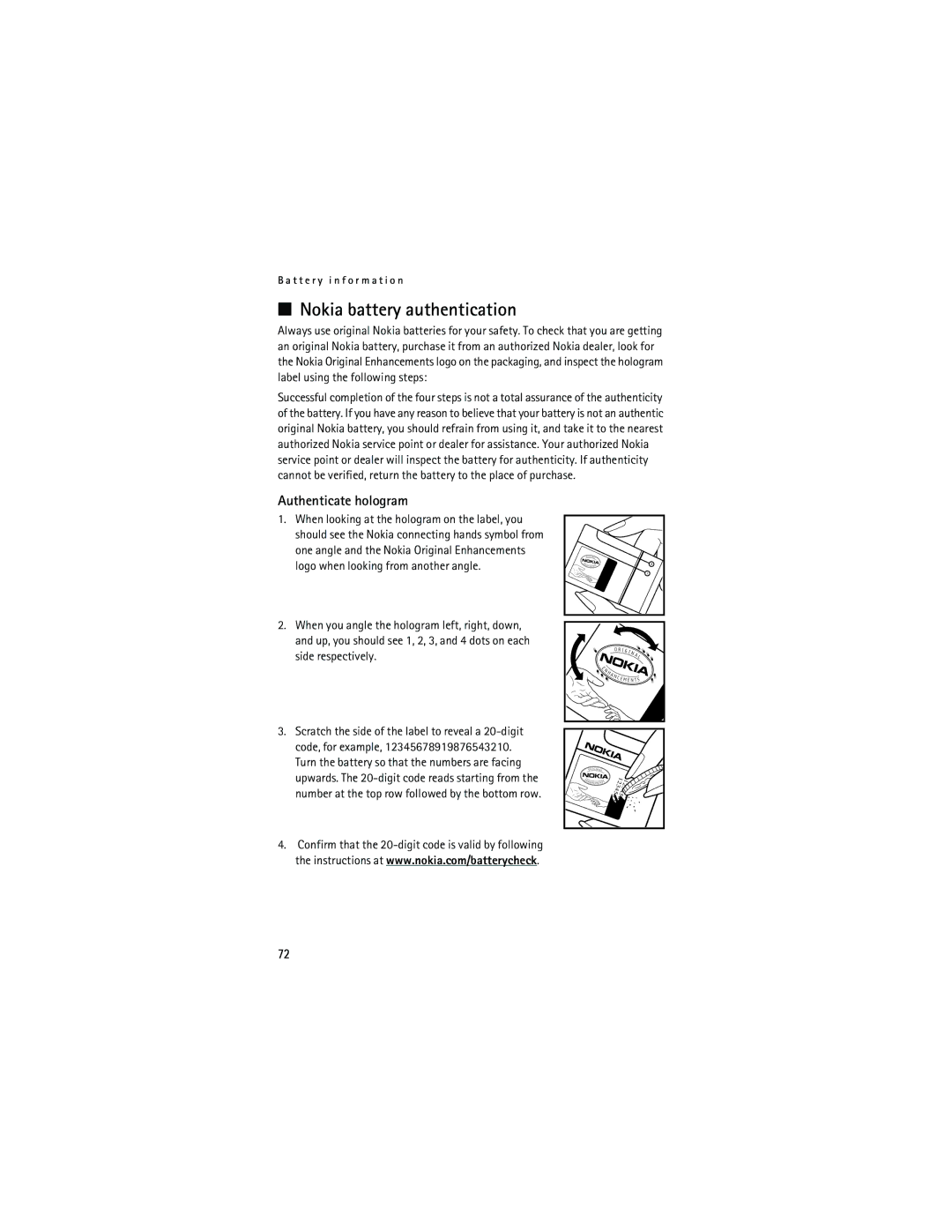 Nokia 6133 manual Nokia battery authentication, Authenticate hologram 