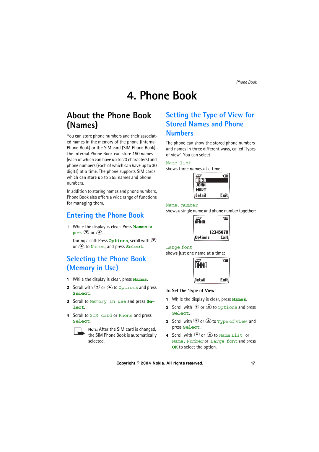 Nokia 6150 manual About the Phone Book Names, Entering the Phone Book, Selecting the Phone Book Memory in Use 