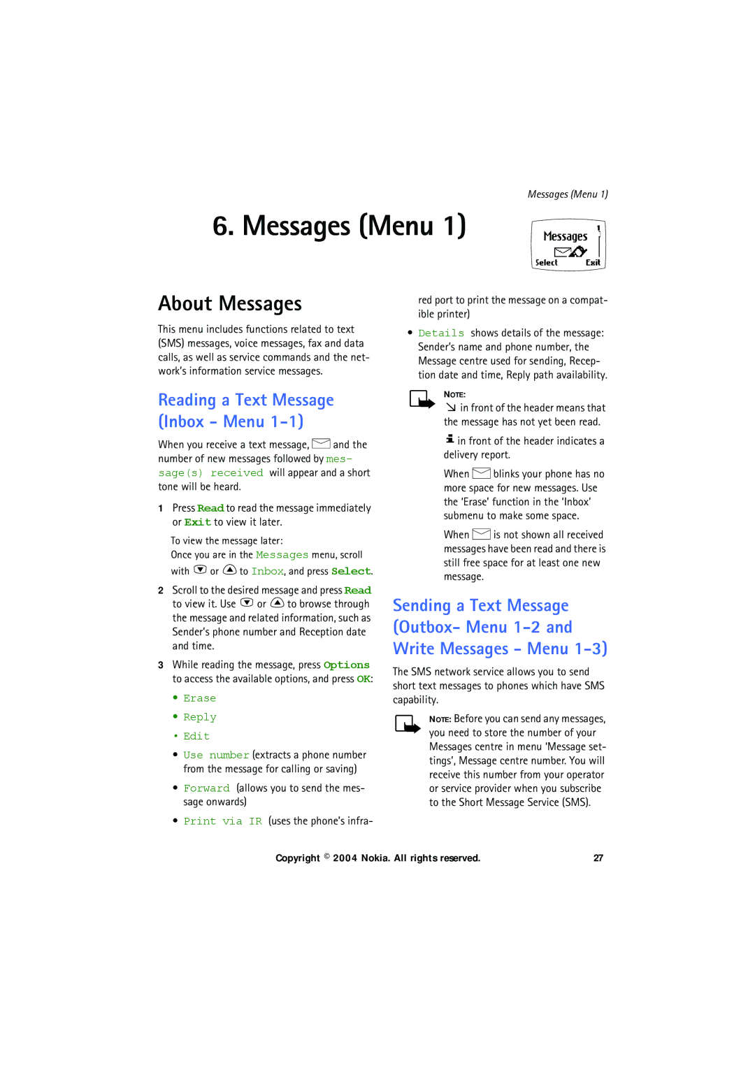 Nokia 6150 manual About Messages, Sending a Text Message Outbox- Menu 1-2 Write Messages Menu, Erase Reply Edit 