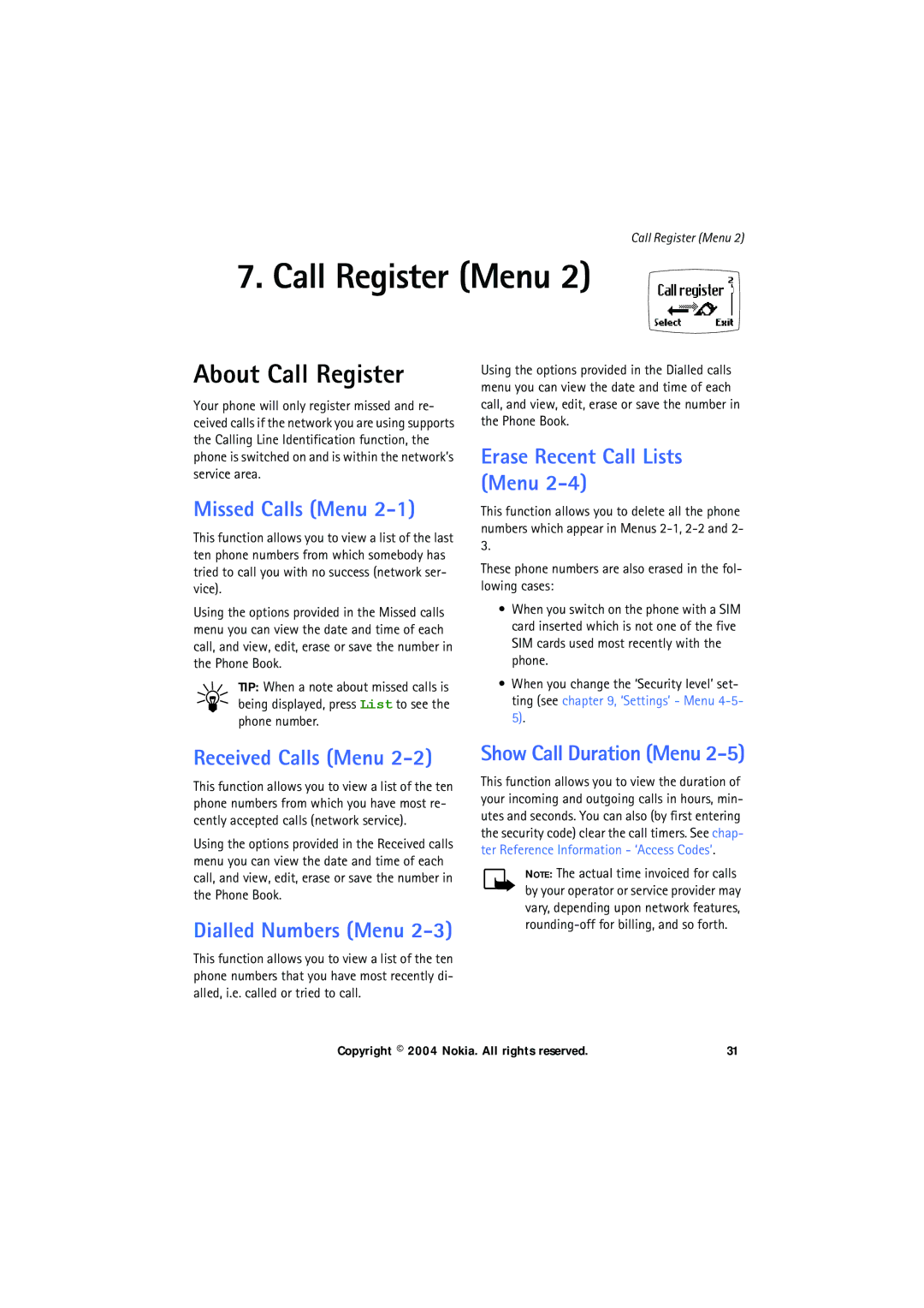 Nokia 6150 Call Register Menu, About Call Register, Missed Calls Menu, Erase Recent Call Lists Menu, Received Calls Menu 