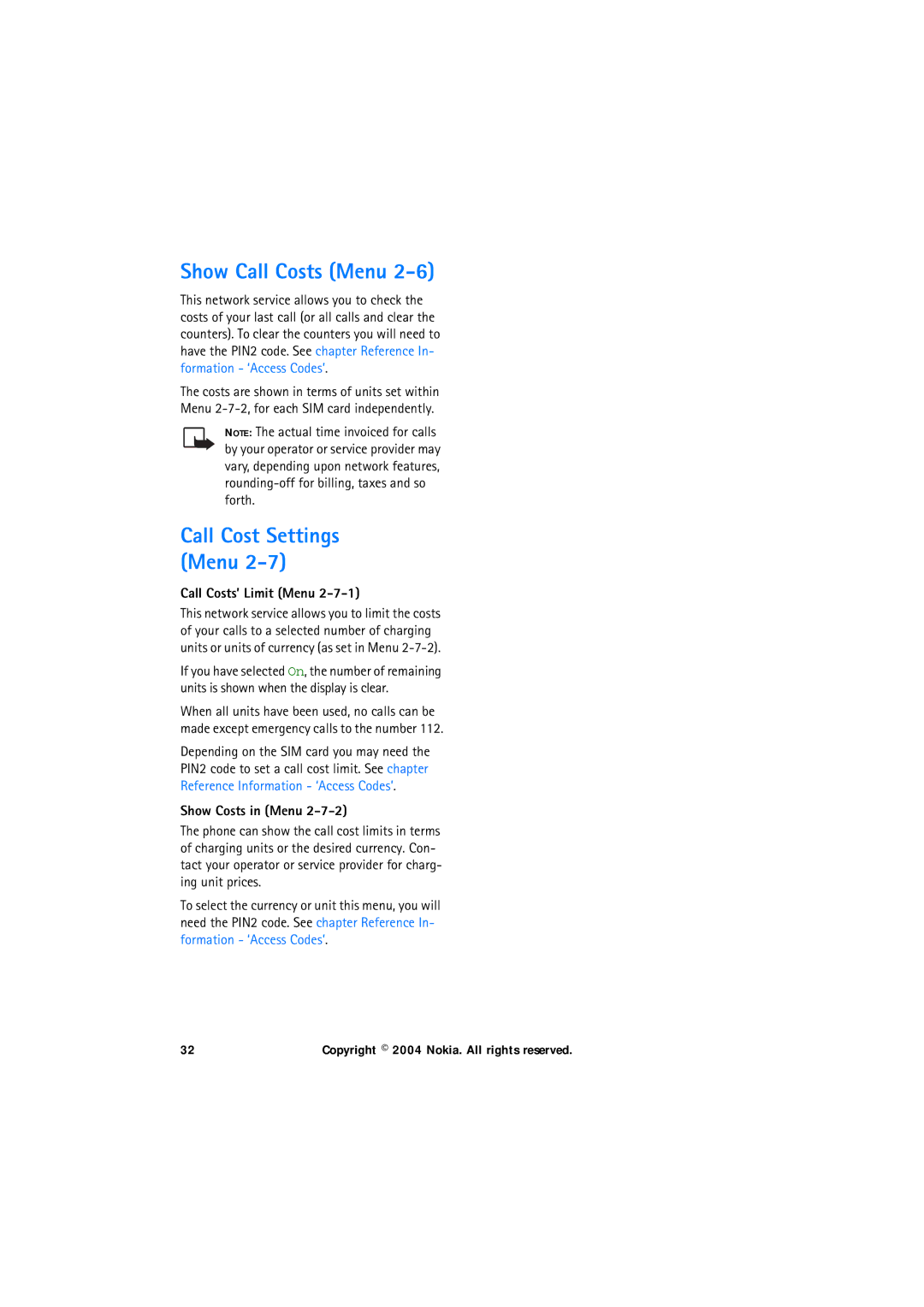 Nokia 6150 manual Show Call Costs Menu, Call Costs’ Limit Menu, Show Costs in Menu 