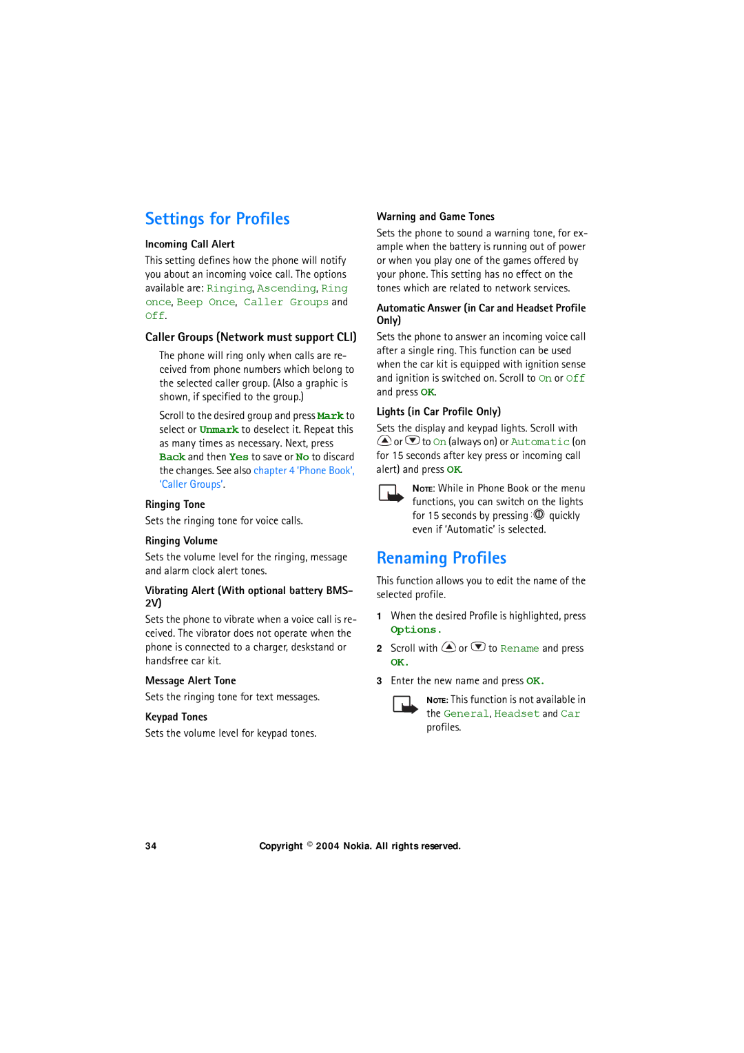 Nokia 6150 manual Settings for Profiles, Renaming Profiles 