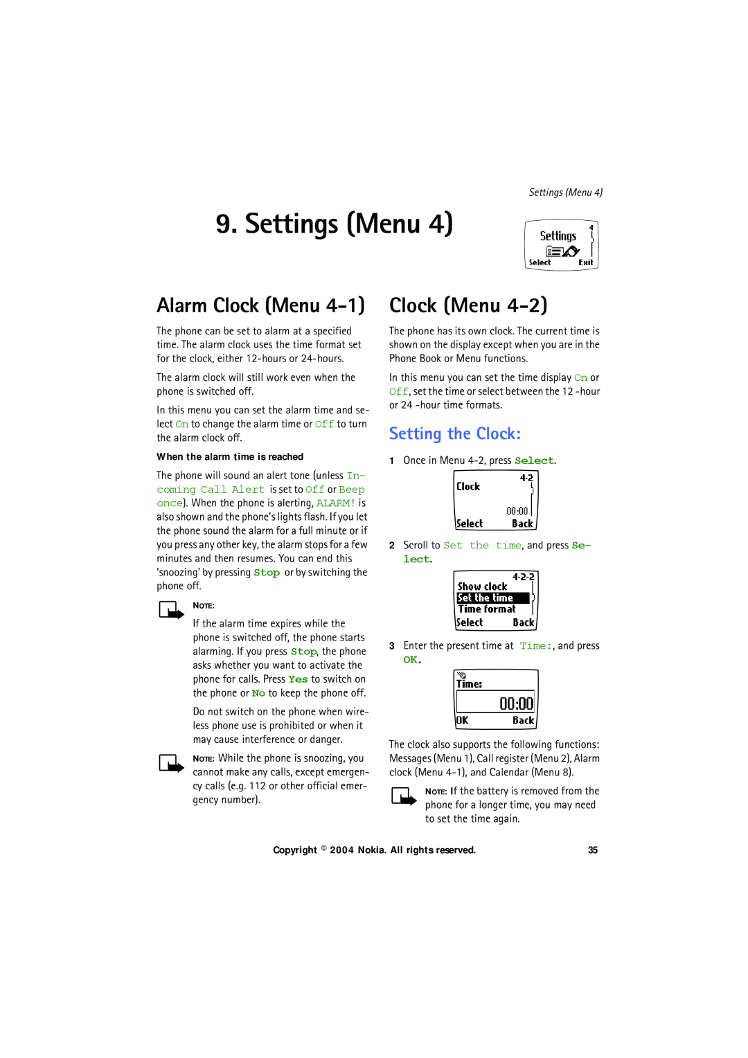 Nokia 6150 manual Settings Menu, Clock Menu, Setting the Clock, When the alarm time is reached 