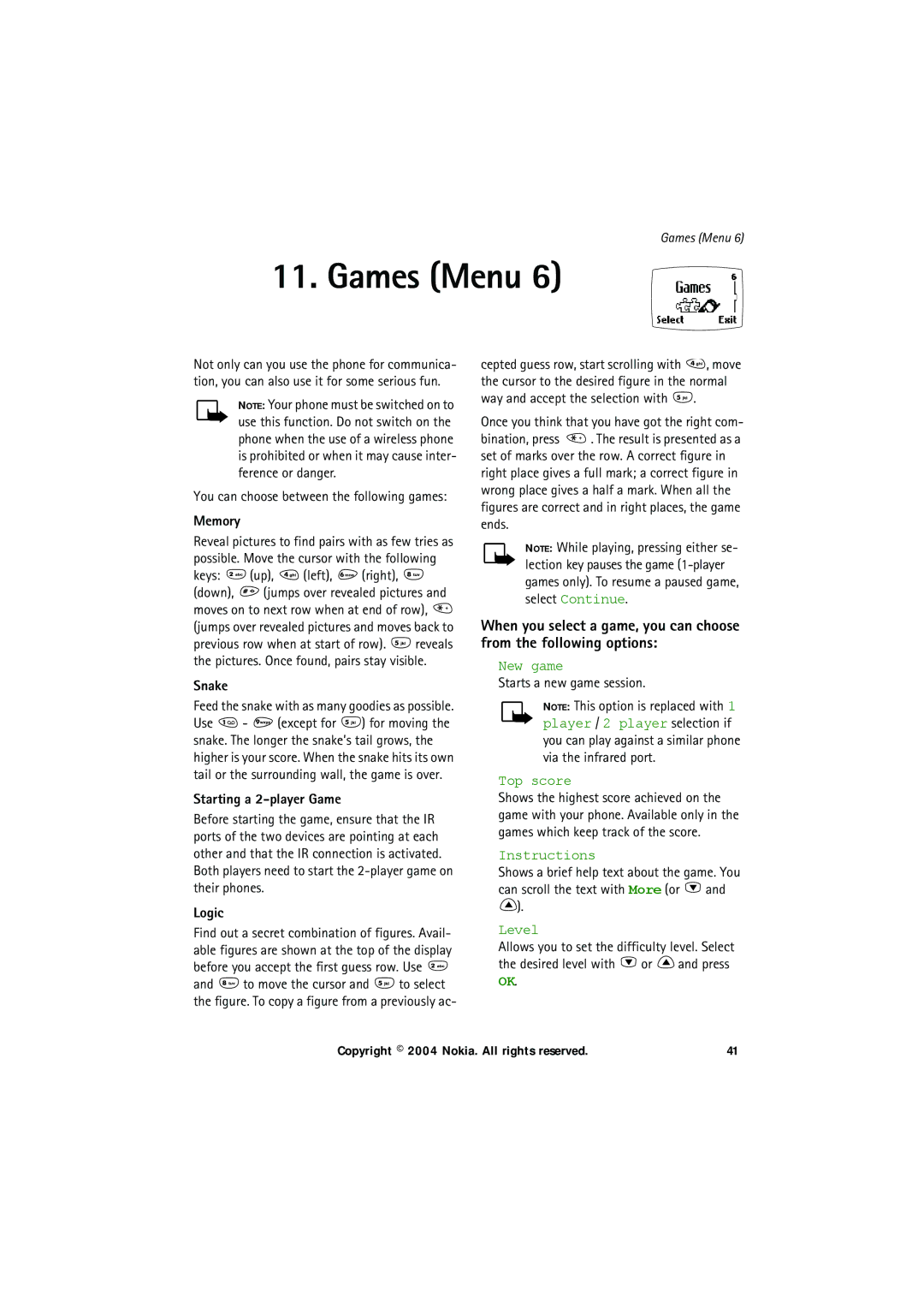 Nokia 6150 manual Games Menu, Memory, Snake, Starting a 2-player Game, Logic 