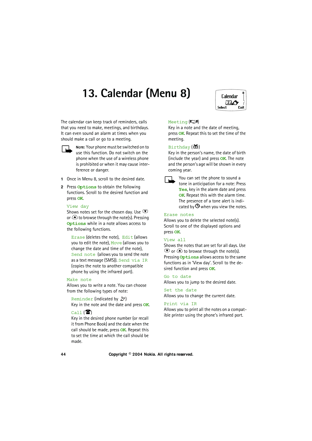 Nokia 6150 manual Calendar Menu 