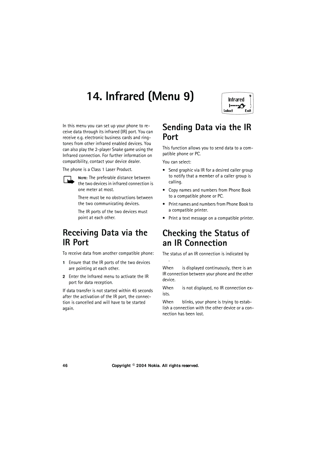 Nokia 6150 Infrared Menu, Sending Data via the IR Port, Receiving Data via the IR Port, Phone is a Class 1 Laser Product 