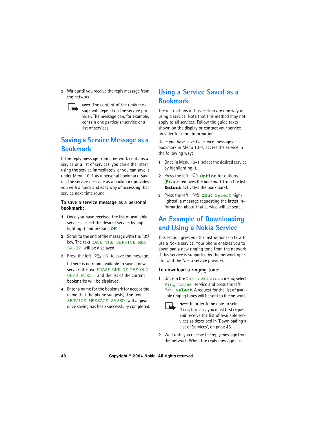 Nokia 6150 manual Using a Service Saved as a Bookmark, Saving a Service Message as a Bookmark, To download a ringing tone 