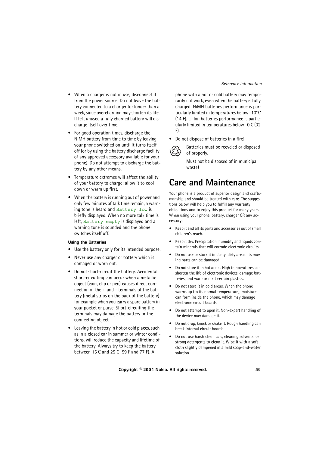 Nokia 6150 manual Care and Maintenance, Using the Batteries 