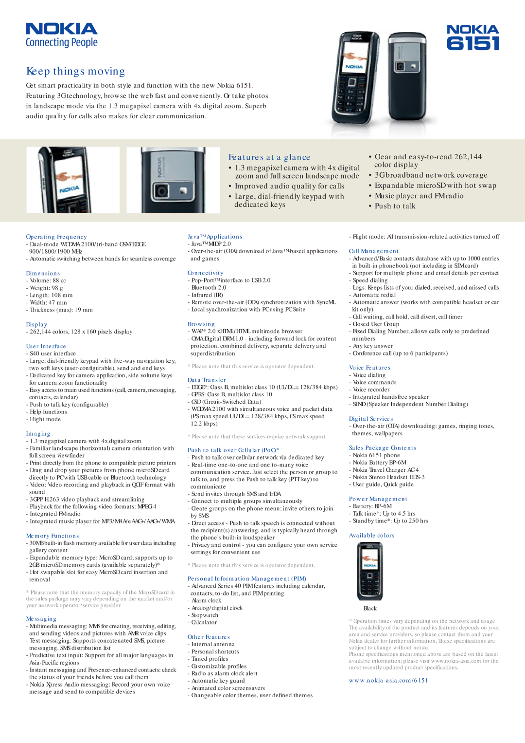 Nokia 6151 dimensions Operating Frequency, Dimensions, Display, User Interface, Imaging, Memory Functions, Messaging 