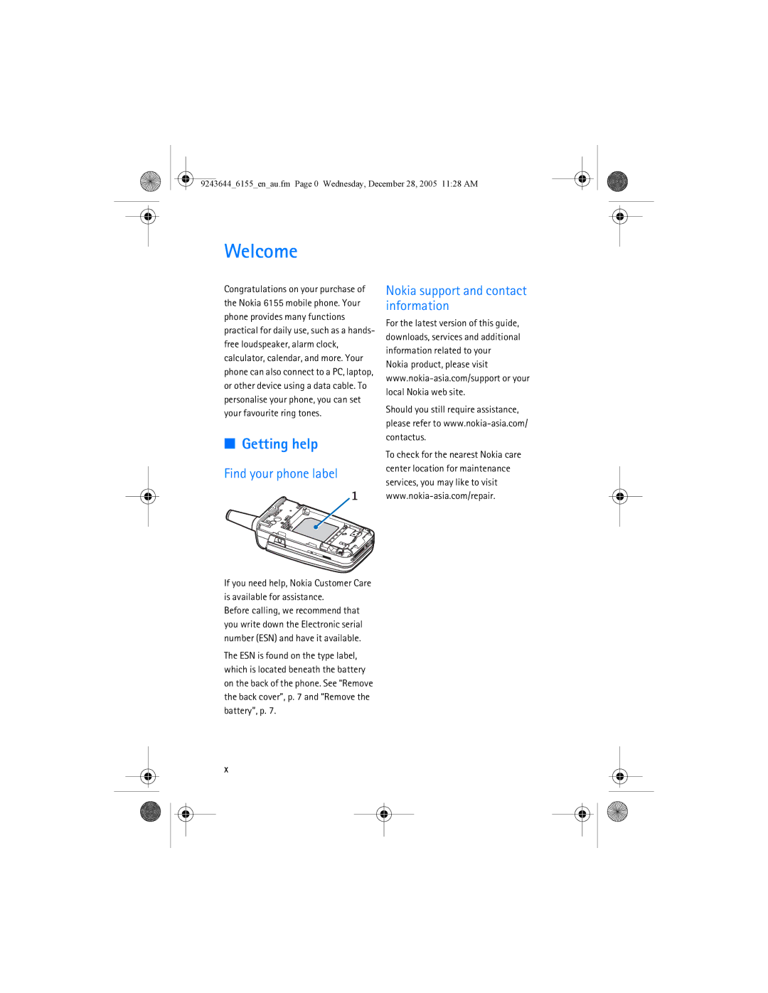 Nokia 6155 manual Welcome, Getting help, Find your phone label, Nokia support and contact information 