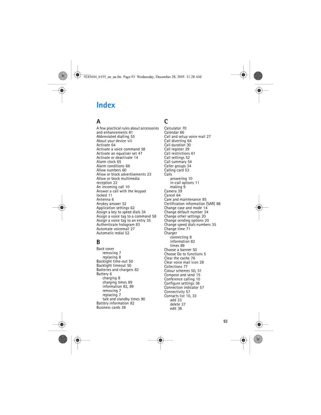 Nokia 6155 manual Index, Add 33 delete 37 edit 