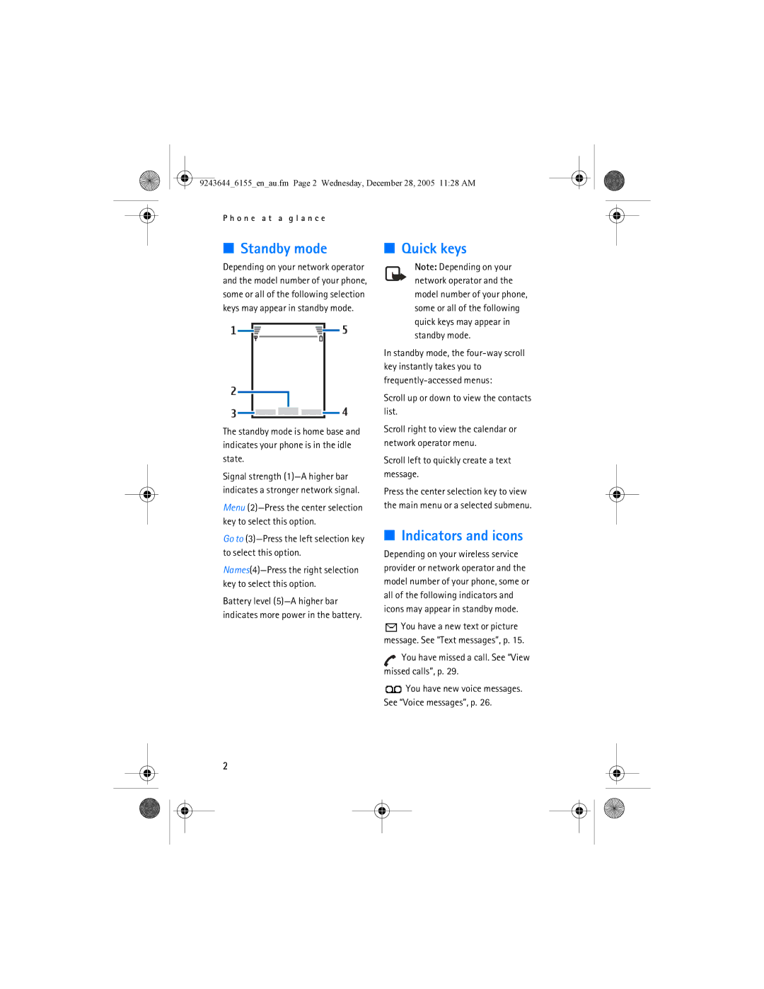 Nokia 6155 manual Standby mode, Indicators and icons, Scroll left to quickly create a text message 