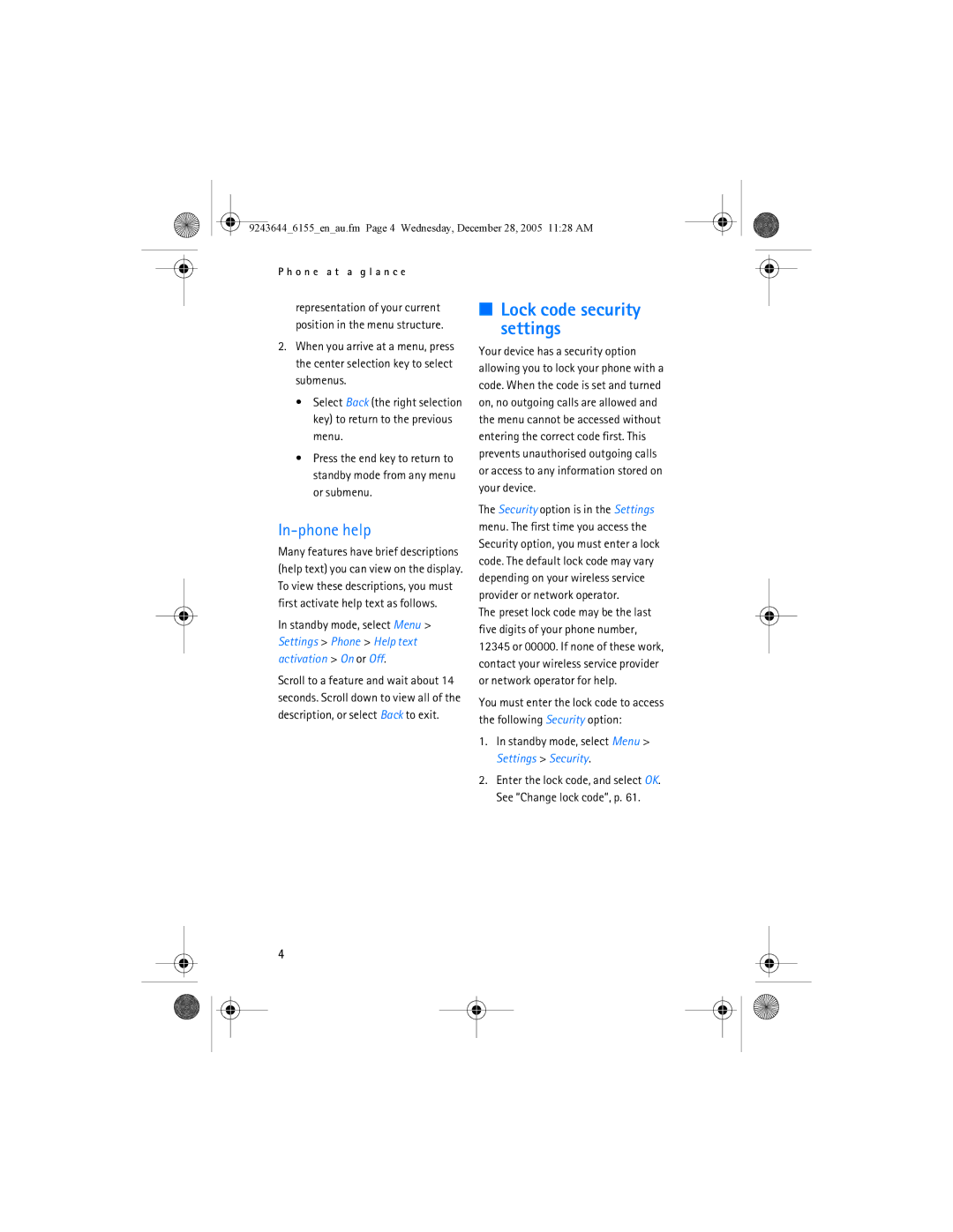 Nokia 6155 manual In-phone help, Standby mode, select Menu Settings Security 