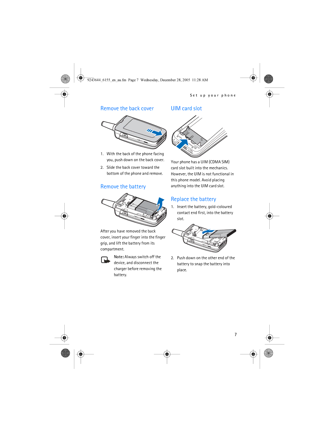 Nokia 6155 manual Remove the back cover, Remove the battery, Replace the battery 