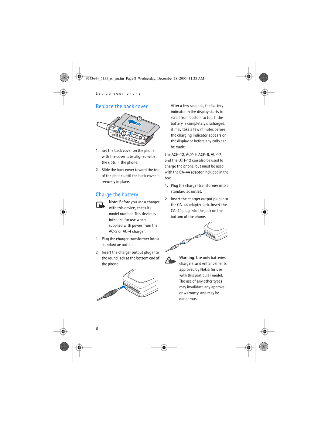 Nokia 6155 manual Replace the back cover, Charge the battery 