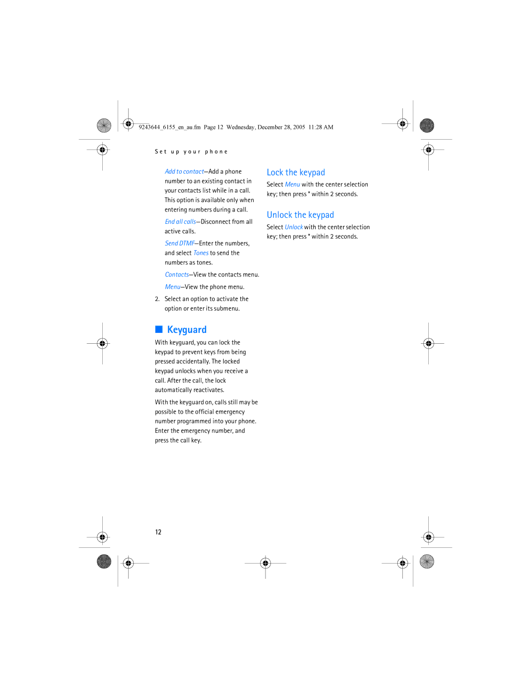 Nokia 6155 manual Keyguard, Lock the keypad, Unlock the keypad, End all calls-Disconnect from all active calls 