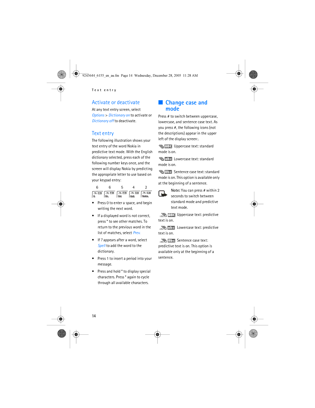 Nokia 6155 manual Change case and mode, Activate or deactivate, Text entry 