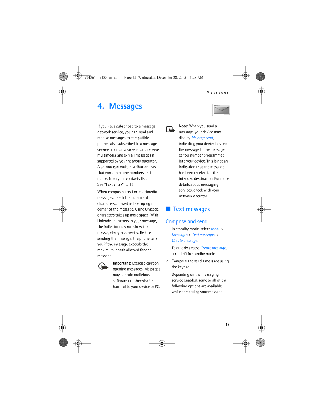 Nokia 6155 manual Messages, Text messages, See Text entry, p, Compose and send a message using the keypad 