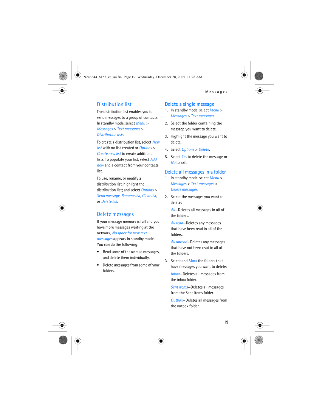 Nokia 6155 manual Distribution list, Delete messages, Delete a single message, Delete all messages in a folder 