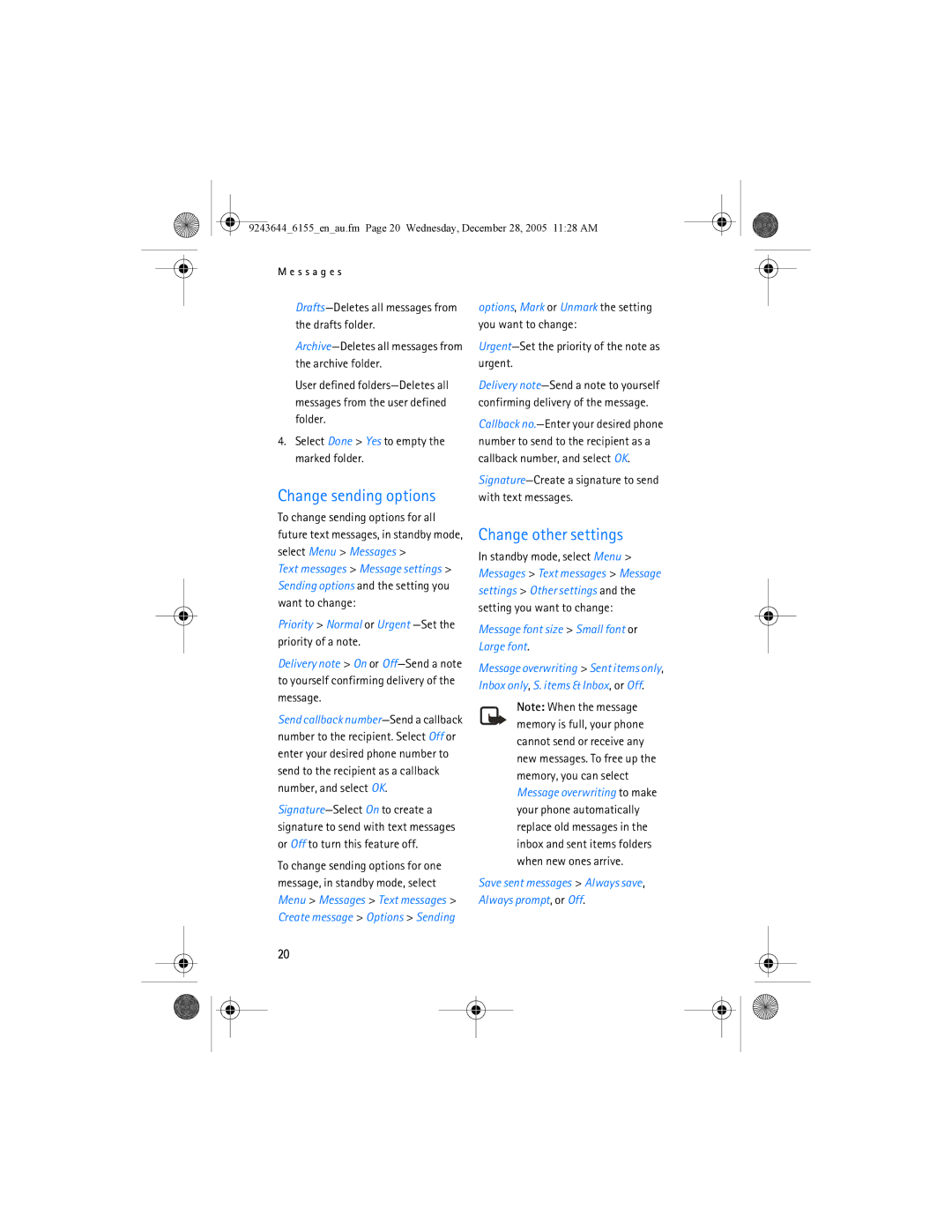 Nokia 6155 manual Change sending options, Change other settings, Options, Mark or Unmark the setting you want to change 