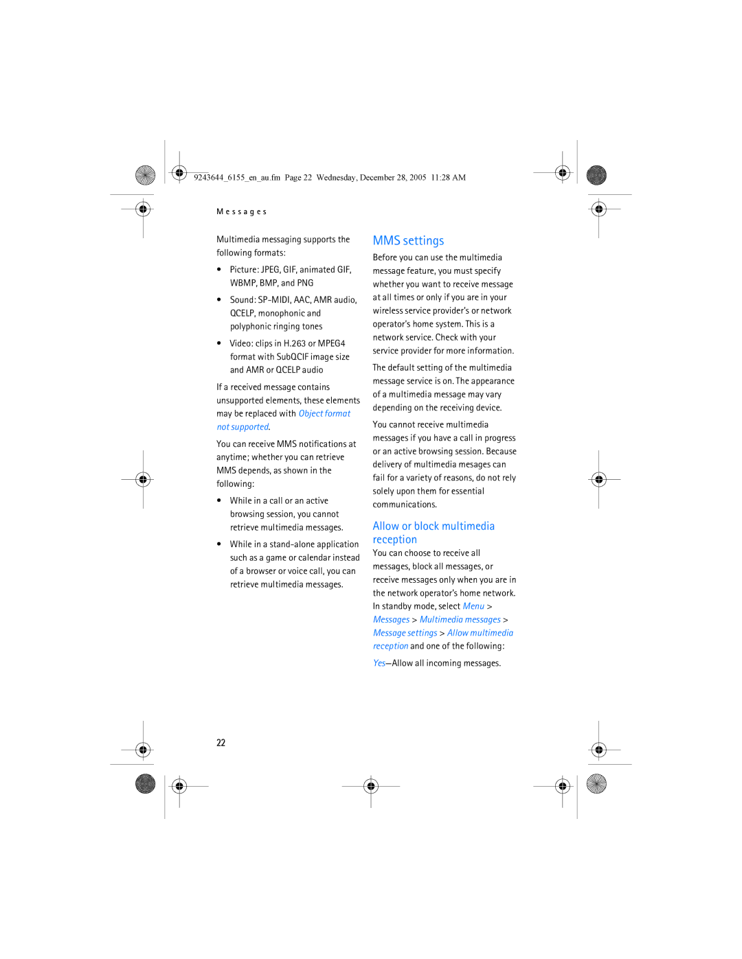 Nokia 6155 manual MMS settings, Allow or block multimedia reception, Yes-Allow all incoming messages 