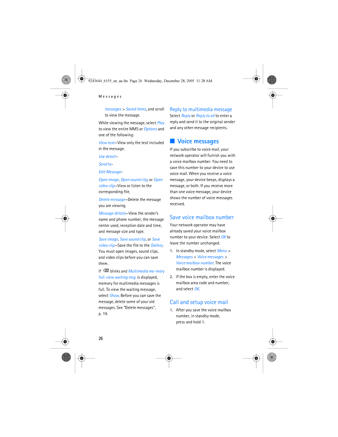Nokia 6155 manual Voice messages, Save voice mailbox number, Call and setup voice mail, Reply to multimedia message 