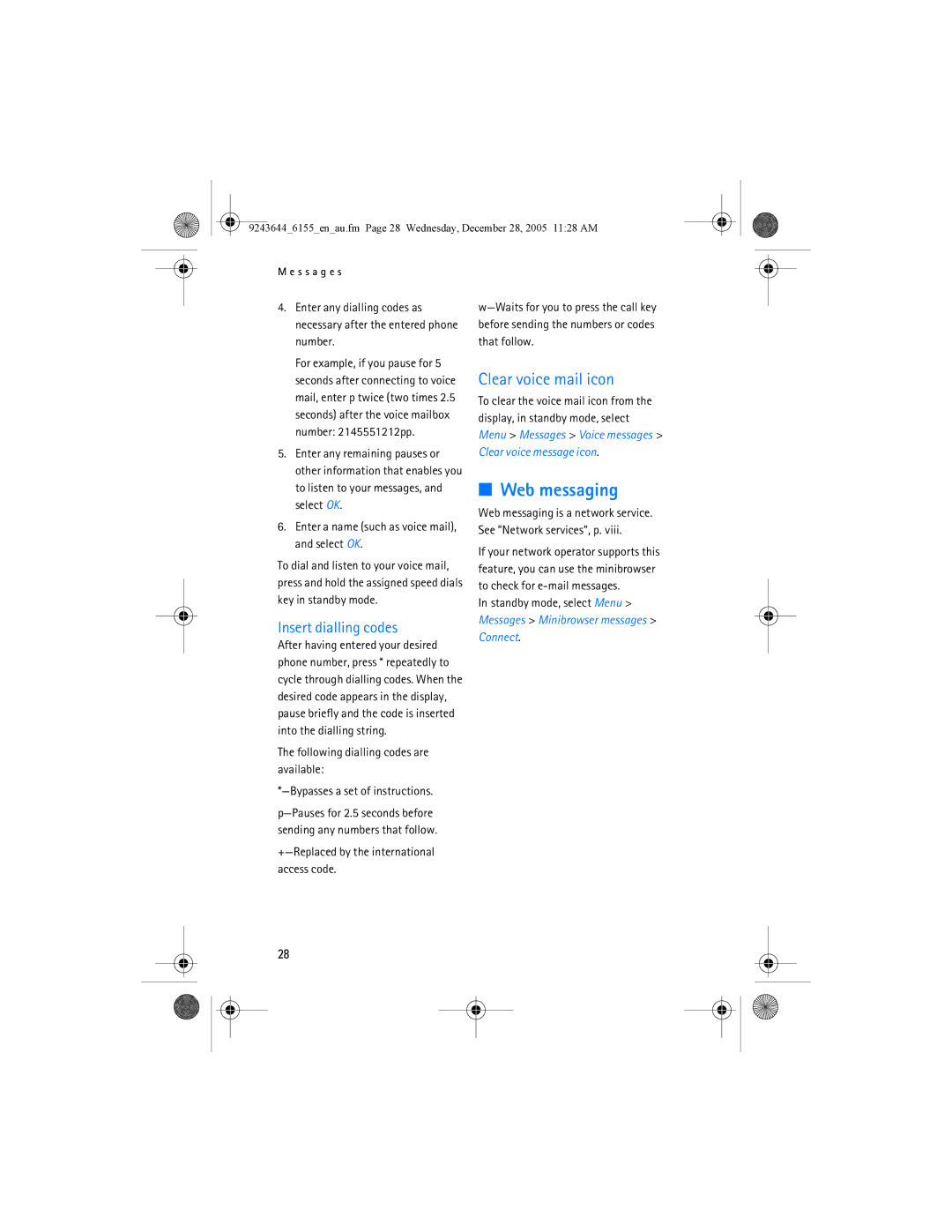 Nokia 6155 manual Web messaging, Clear voice mail icon, Insert dialling codes 