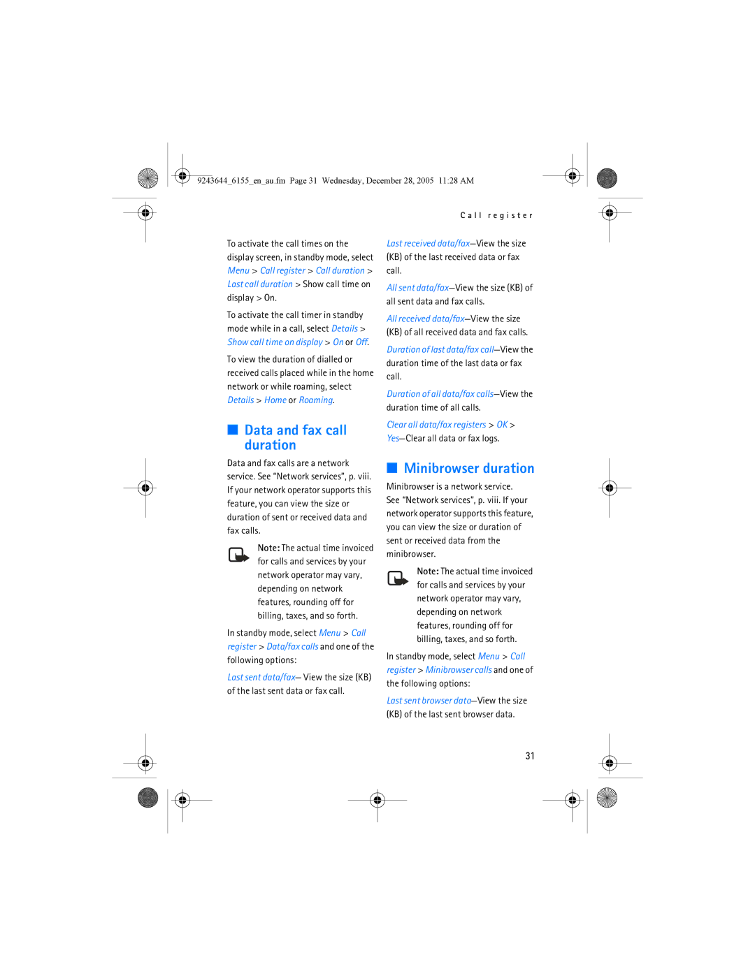 Nokia 6155 manual Data and fax call duration, Minibrowser duration 