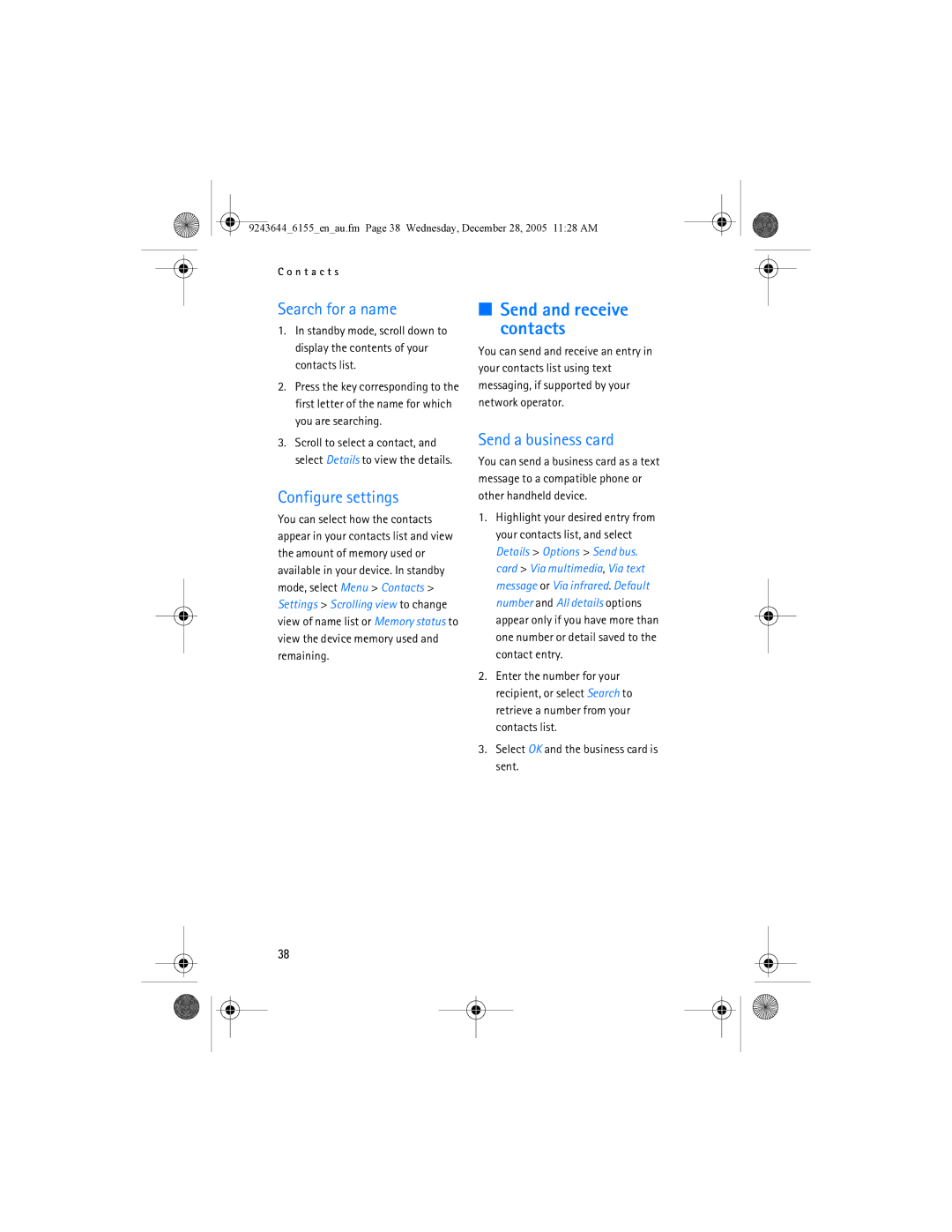 Nokia 6155 manual Search for a name, Configure settings, Send a business card, Send and receive contacts 