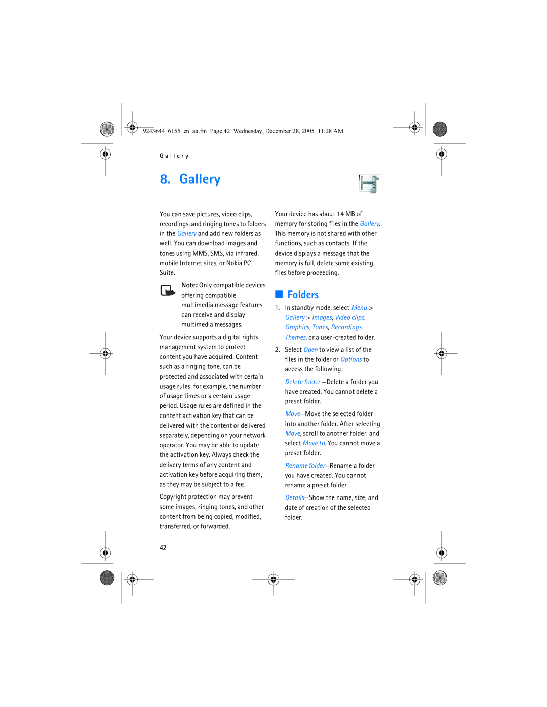 Nokia 6155 manual Gallery, Folders 