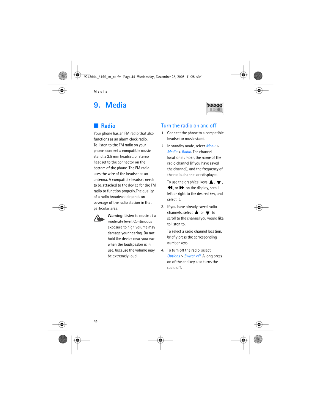 Nokia 6155 manual Media, Radio, Turn the radio on and off 