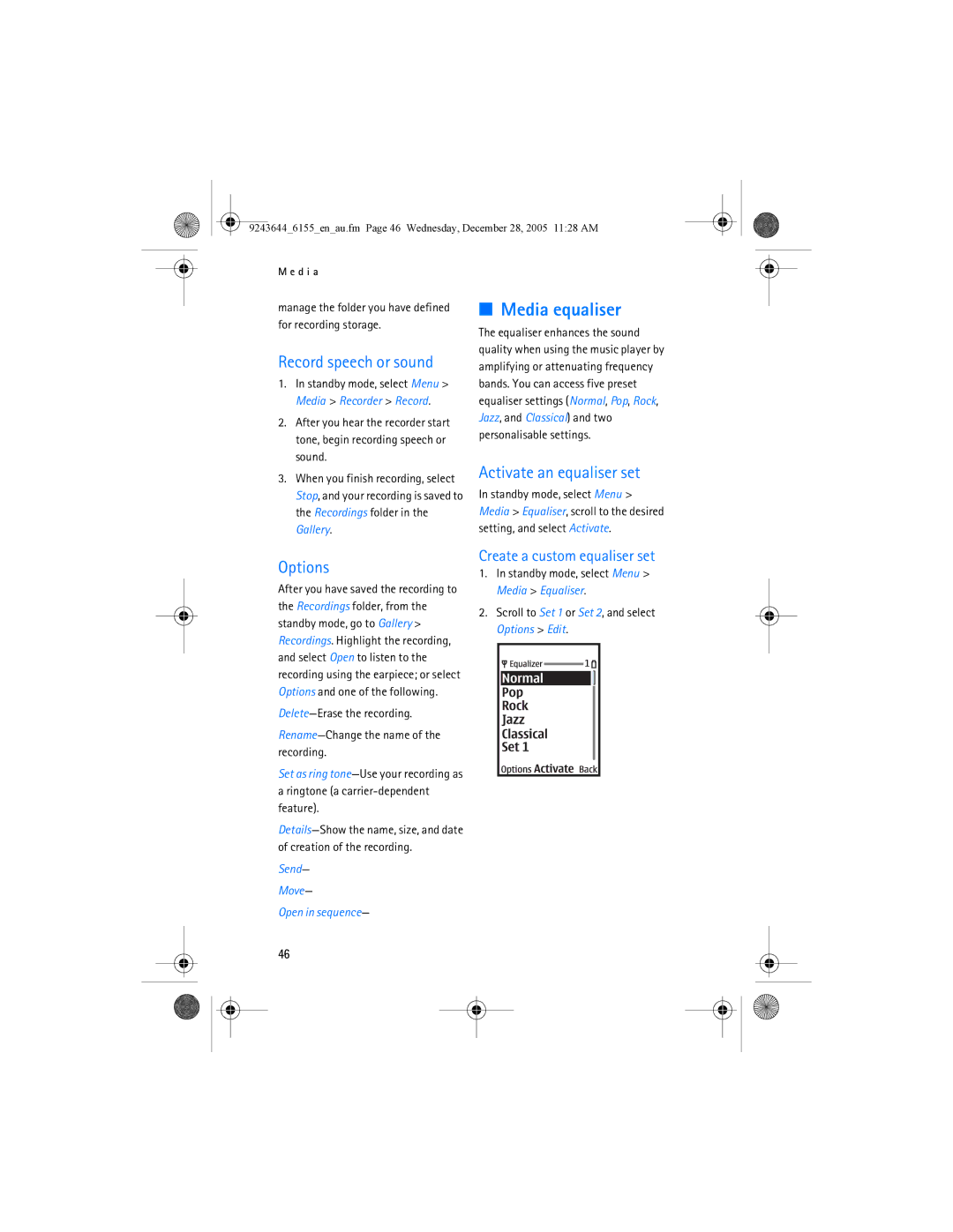 Nokia 6155 Media equaliser, Record speech or sound, Activate an equaliser set, Options, Create a custom equaliser set 