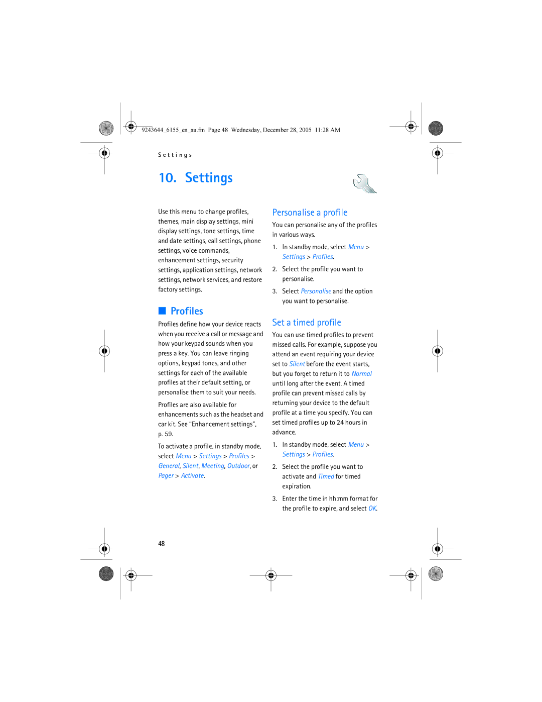 Nokia 6155 manual Settings, Profiles, Personalise a profile, Set a timed profile 