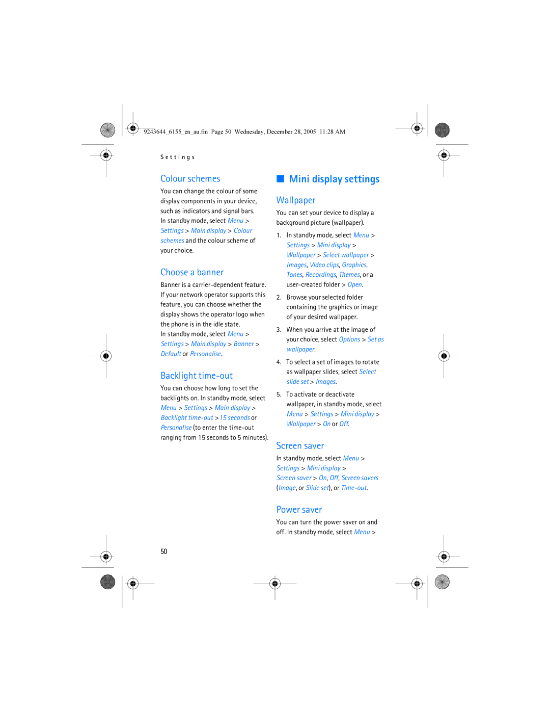 Nokia 6155 manual Mini display settings, Colour schemes, Choose a banner, Backlight time-out, Settings Mini display 