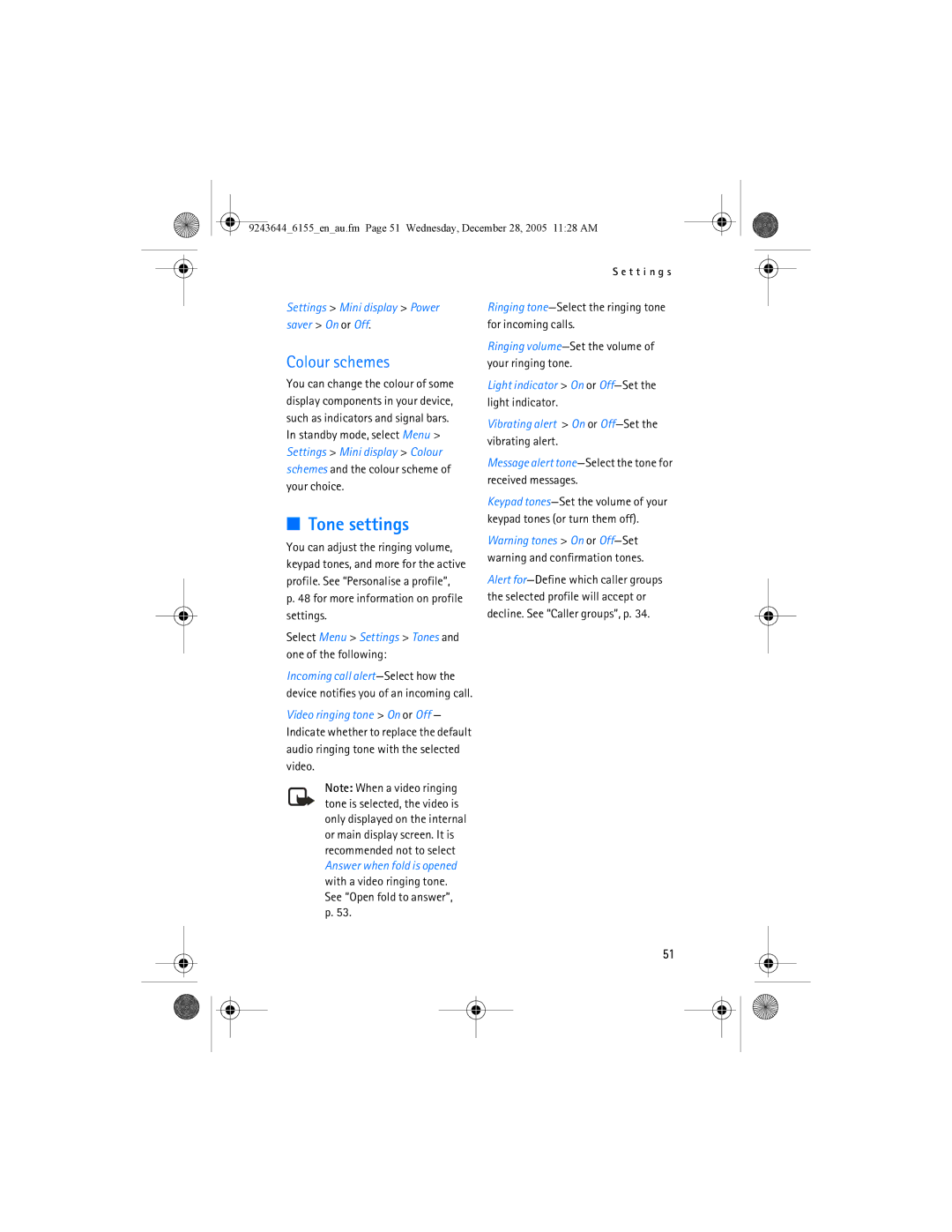 Nokia 6155 manual Tone settings, Settings Mini display Power saver On or Off 