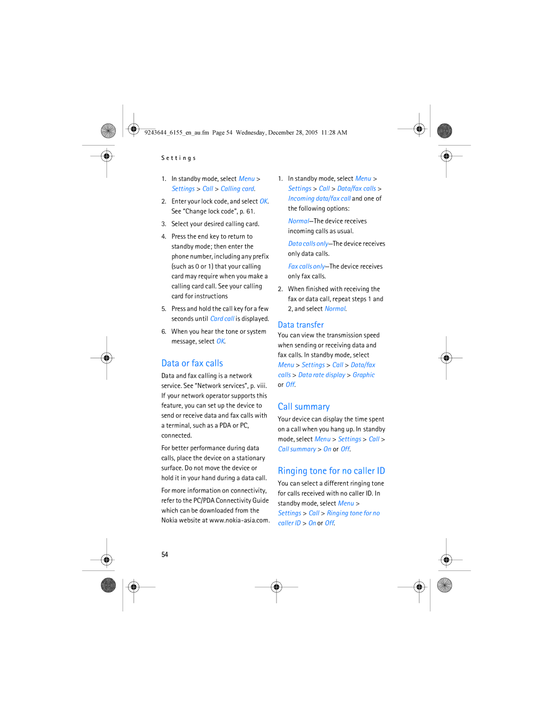 Nokia 6155 manual Data or fax calls, Call summary, Ringing tone for no caller ID, Data transfer 