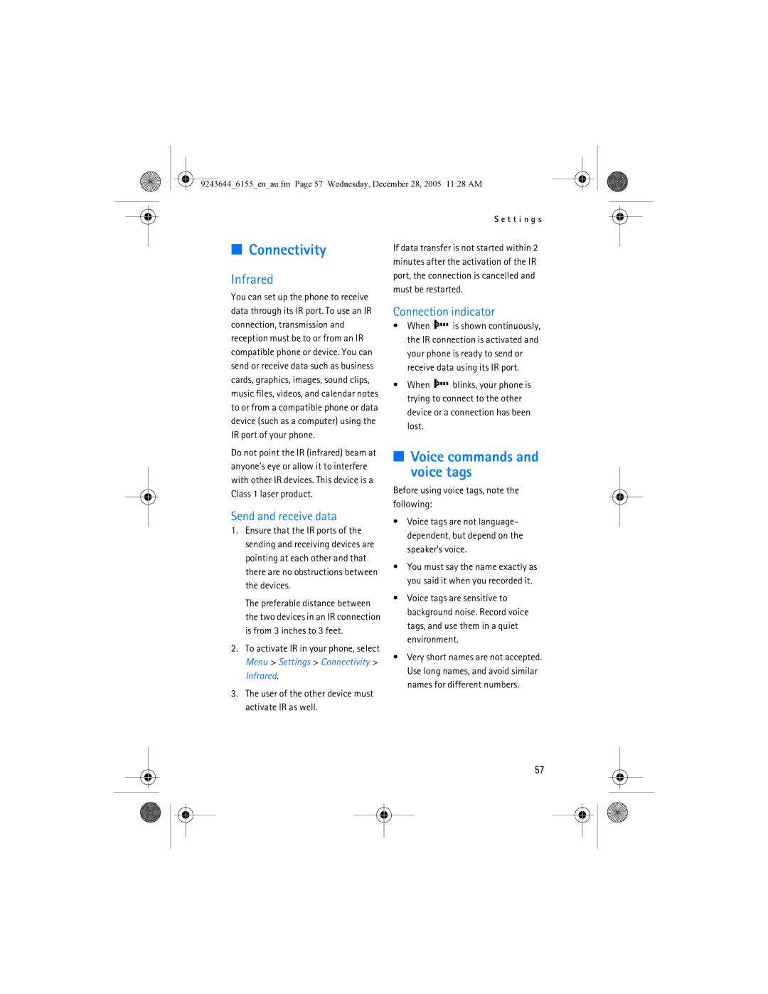 Nokia 6155 manual Connectivity, Voice commands and voice tags, Infrared, Connection indicator, Send and receive data 