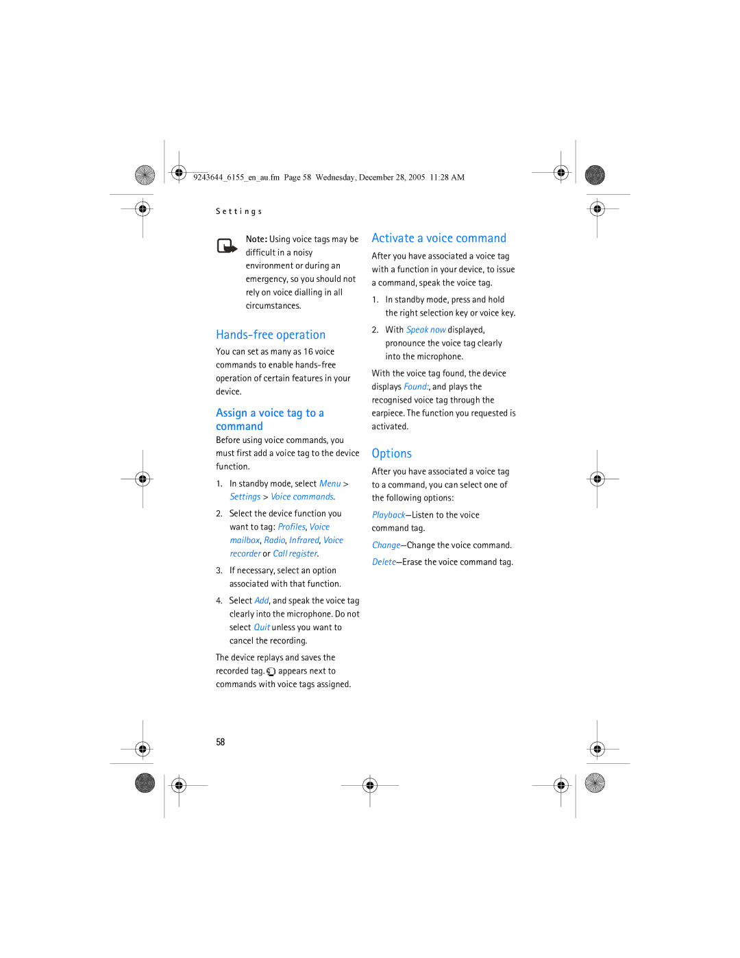 Nokia 6155 manual Hands-free operation, Activate a voice command, Assign a voice tag to a command 