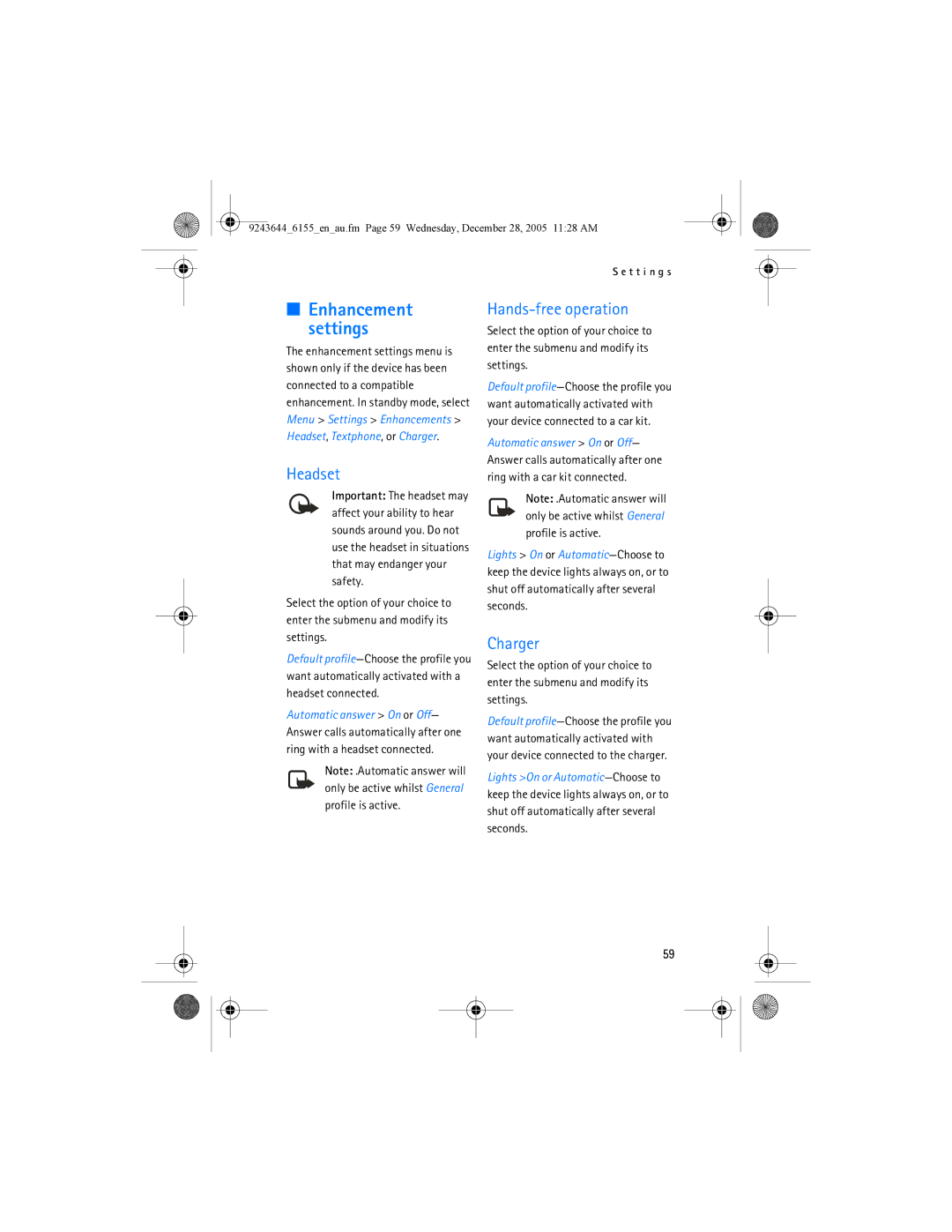 Nokia 6155 manual Headset, Charger, Enhancement settings 