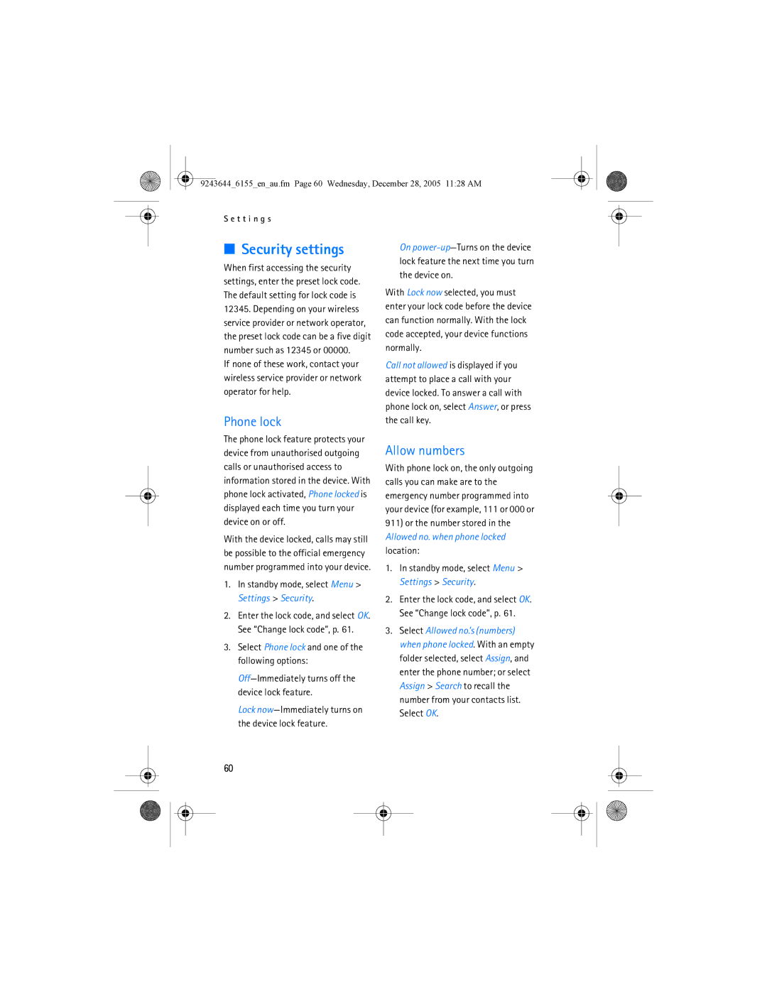 Nokia 6155 manual Security settings, Phone lock, Allow numbers, Location Standby mode, select Menu Settings Security 